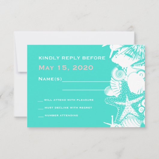 海愛ティール（緑がかった色）のアートな貝殻のビーチ結婚式RSVP 出欠カード (裏面)