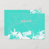 海愛ティール(緑がかった色)のアートな貝殻のビーチ結婚式RSVP 出欠カード (正面/裏面)