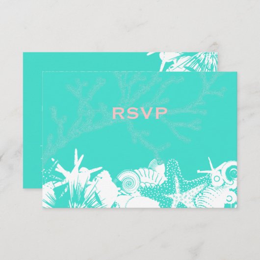 海愛ティール(緑がかった色)のアートな貝殻のビーチ結婚式RSVP 出欠カード (正面/裏面)