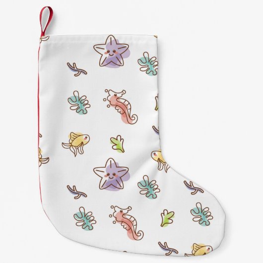 海星と魚vの着色海洋生物模様 スモールクリスマスストッキング (正面)