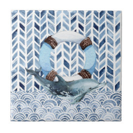 海模様のイルカと救命ブイ タイル