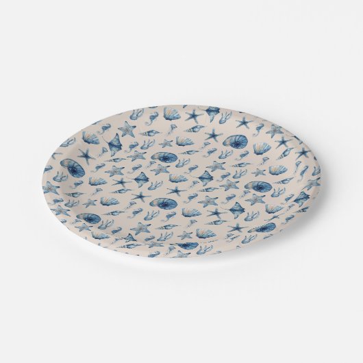 海模様の下の水色 ペーパープレート (アングル)