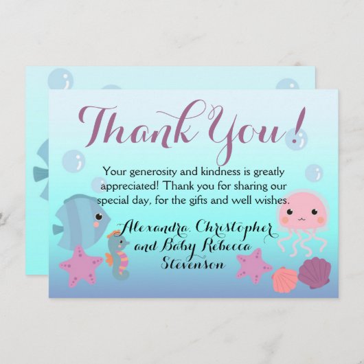 海水中の海獣の赤ちゃんシャワー サンキューカード (正面/裏面)