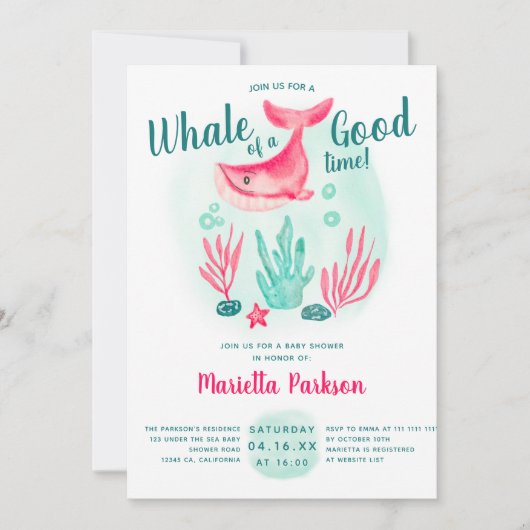 海水彩のベビーシャワーの下にいるかわいいクジラ 招待状 (正面)