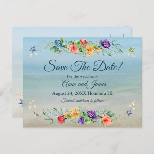 海水彩フローラ結婚式の日付を保存 案内ポストカード (正面/裏面)