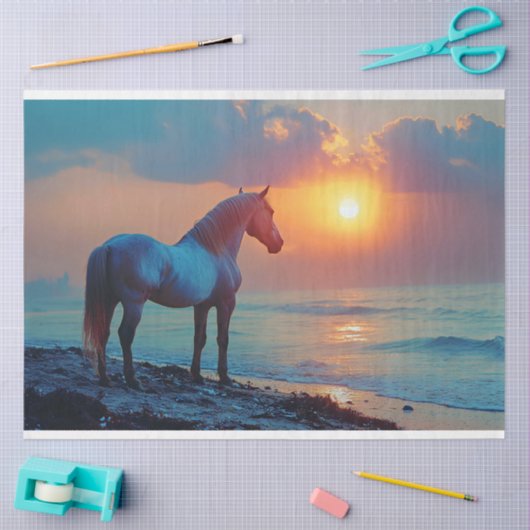 海水浴のデコパージュで夕日を見る馬 薄葉紙 (クラフト)