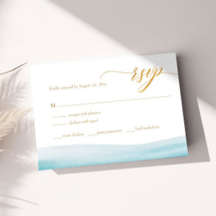 海水色金ゴールドスクリプトビーチ結婚式RSVP 出欠カード