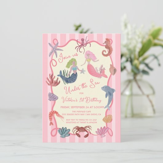 海沿いの手の下に描かれたマーメイド誕生日 招待状 (スタンド正面)