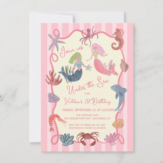 海沿いの手の下に描かれたマーメイド誕生日 招待状 (正面)