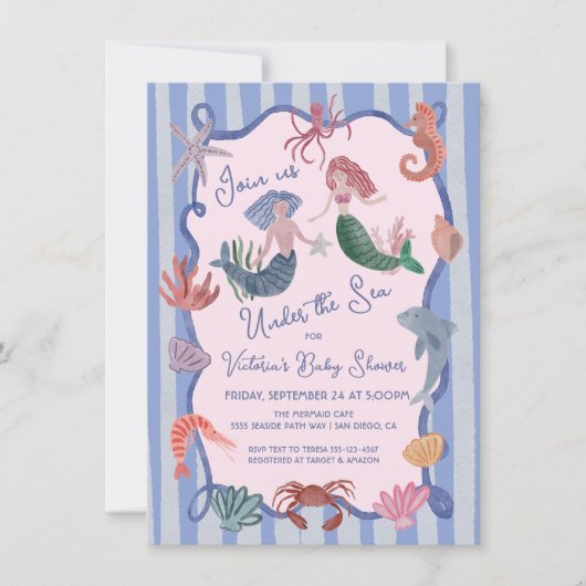 海沿いの手の下に描かれた人魚 招待状 (正面)