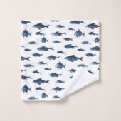 海沿いの青と白の魚のパターン バスタオルセット (ウォッシュタオル)