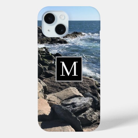 海波と岩の写真イニシャルブラック Case-Mate iPhoneケース (裏面)