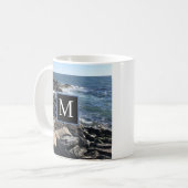 海波と岩の写真#1パパ青 コーヒーマグカップ (正面左)