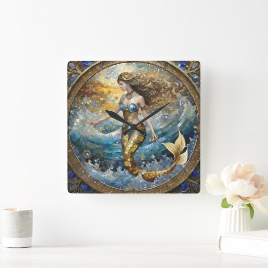 海波の人魚 スクエア壁時計 (ホーム)