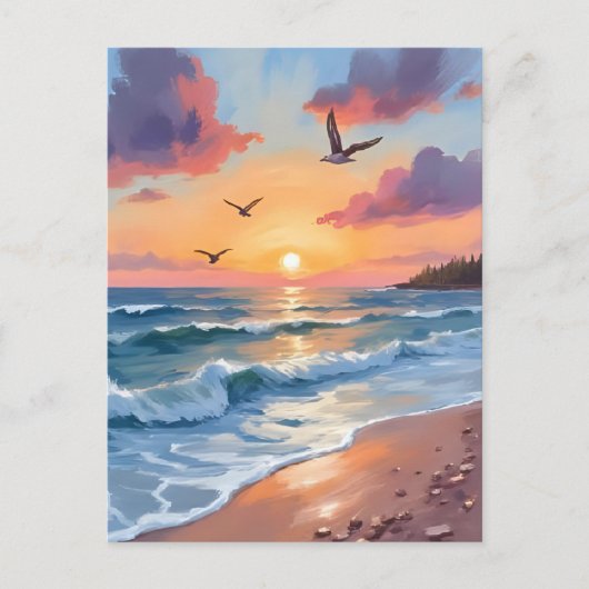 海波の夕日 | 油画沿岸ビーチ ポストカード (正面)