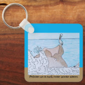 海波の近くの岩にペリカン キーホルダー (正面)