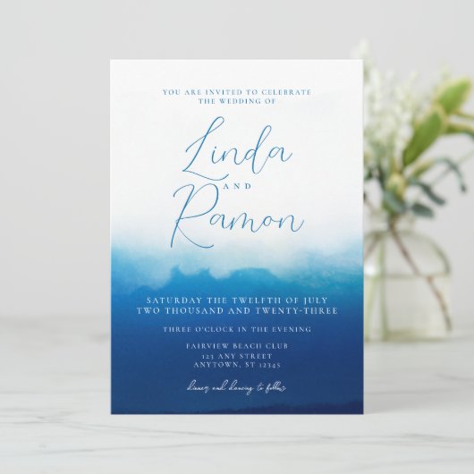 海波ビーチ航海のブルーウォーター結婚カラー 招待状 (スタンド正面)