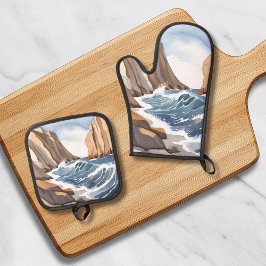 海波衝突 | 沿岸ビーチ水色 鍋つかみ&鍋敷きセット