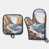 海波衝突 | 沿岸ビーチ水色 鍋つかみ&鍋敷きセット (正面)