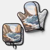 海波衝突 | 沿岸ビーチ水色 鍋つかみ&鍋敷きセット (正面/裏面)