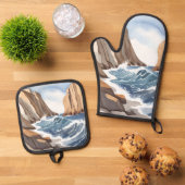 海波衝突 | 沿岸ビーチ水色 鍋つかみ&鍋敷きセット (トップダウン)