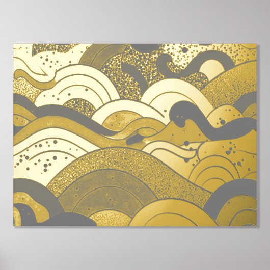 海波黒灰色の背景を持つ金箔 箔ポスター (正面)