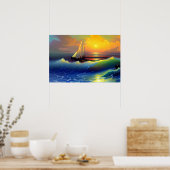 海波、帆船、日没の反射 ポスター (キッチン)