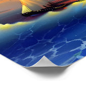 海波、帆船、日没の反射 ポスター (角)