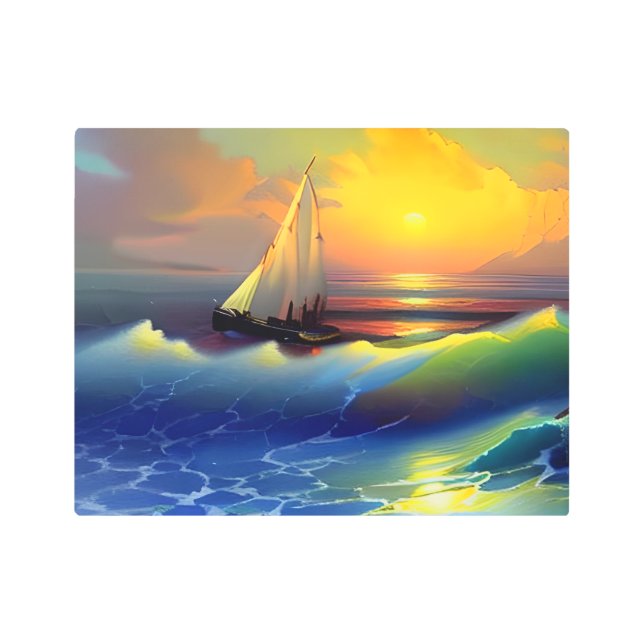 海波、帆船、日没の反射 メタルプリント (正面)