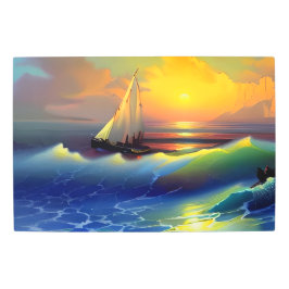 海波、帆船、日没の反射 メタルプリント