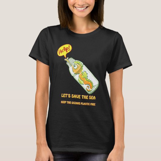 海洋のプラスチックフリー タツノオトシゴの瓶詰め Tシャツ (正面)