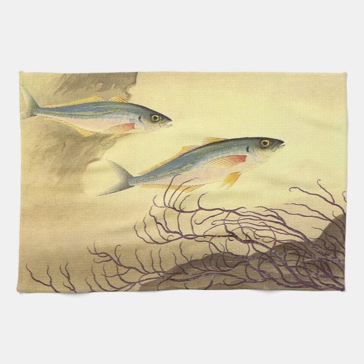 海洋のマグロの魚、ヴィンテージ日本主義アート キッチンタオル (横)