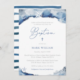 海洋インディゴウォーターカラーボーイバプテスマパーティー 招待状