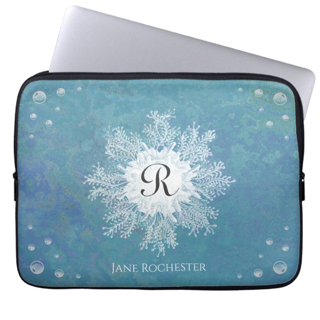 海洋エレガントサンゴ青グリーンコーラルモノグラム ラップトップスリーブ (正面)