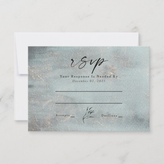 海洋ティール（緑がかった色）水彩書道結婚式RSVP 出欠カード (正面)