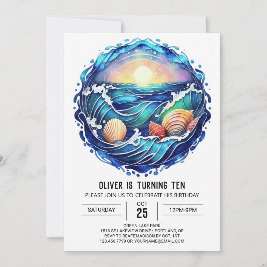 海洋モダン子供の誕生日 招待状 (正面)