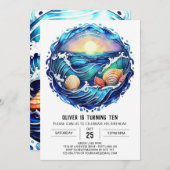 海洋モダン子供の誕生日 招待状 (正面/裏面)