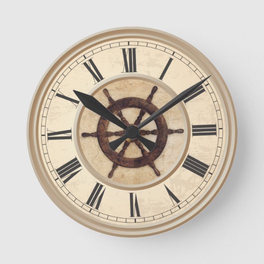 海洋ヴィンテージウッドヘルム ラウンド壁時計 (正面)