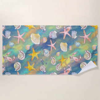 海洋元素魚介類の呼び出し ビーチタオル