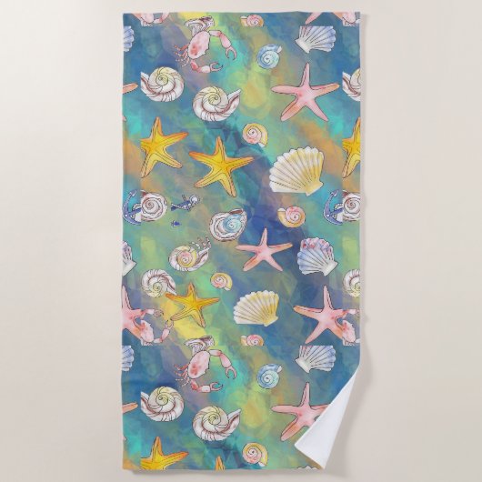 海洋元素魚介類の呼び出し ビーチタオル (正面)