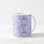 海洋動物と帆船1ラインスケッチパターン コーヒーマグカップ (正面右)