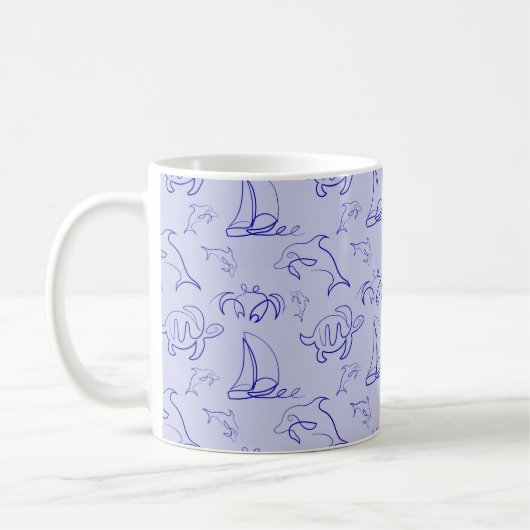 海洋動物と帆船1ラインスケッチパターン コーヒーマグカップ (左)