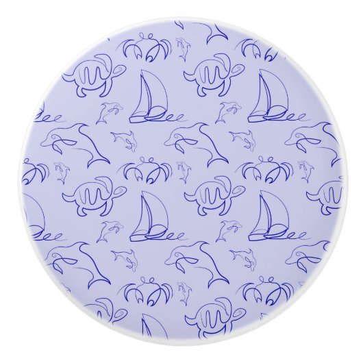 海洋動物と帆船1ラインスケッチパターン  セラミックノブ (正面)