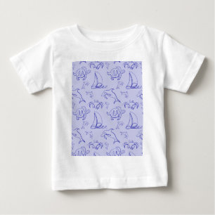 海洋動物と帆船1ラインスケッチパターン ベビーTシャツ