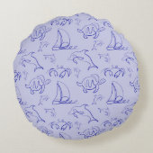 海洋動物と帆船1ラインスケッチパターン ラウンドクッション (裏面)