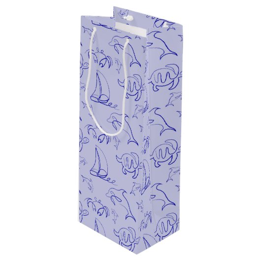 海洋動物と帆船1ラインスケッチパターン ワインギフトバッグ (正面アングル)