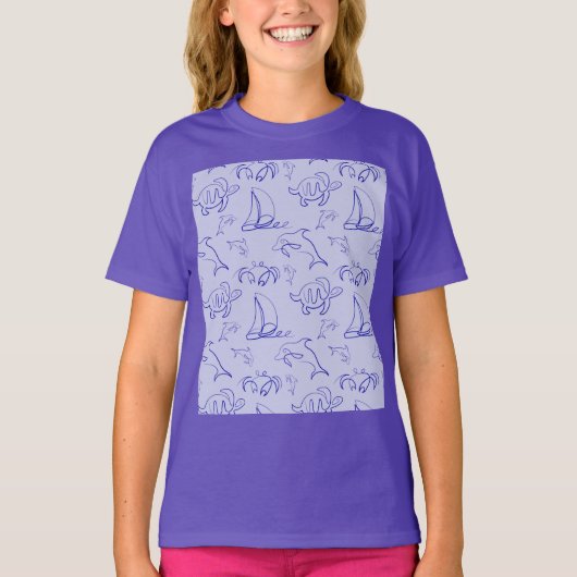 海洋動物と帆船1ラインスケッチパターン Tシャツ (正面)