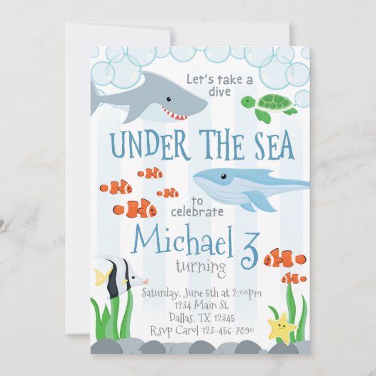 海洋動物の誕生日のパーティの招待状の下 招待状 (正面)