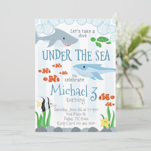 海洋動物の誕生日のパーティの招待状の下 招待状 (スタンド正面)