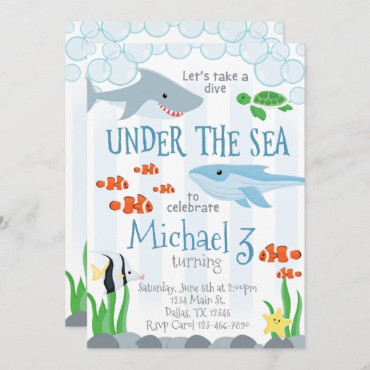 海洋動物の誕生日のパーティの招待状の下 招待状 (正面/裏面)